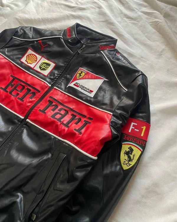 Black Ferrari Leather Jacket – Premium Racing Fashion | Motorsport Streetwear | XOVRA