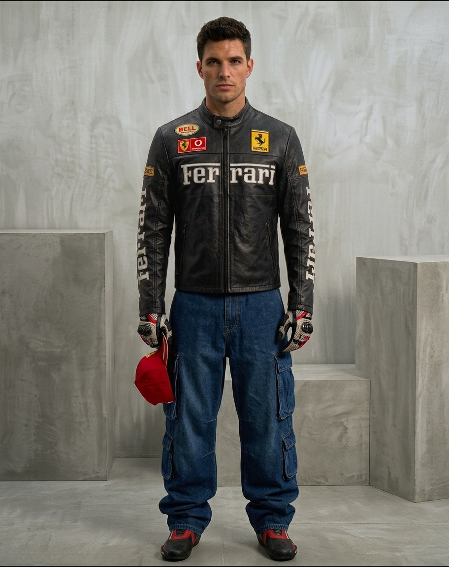 Black Ferrari Synthetic Leather Jacket – Classic Racing Streetwear