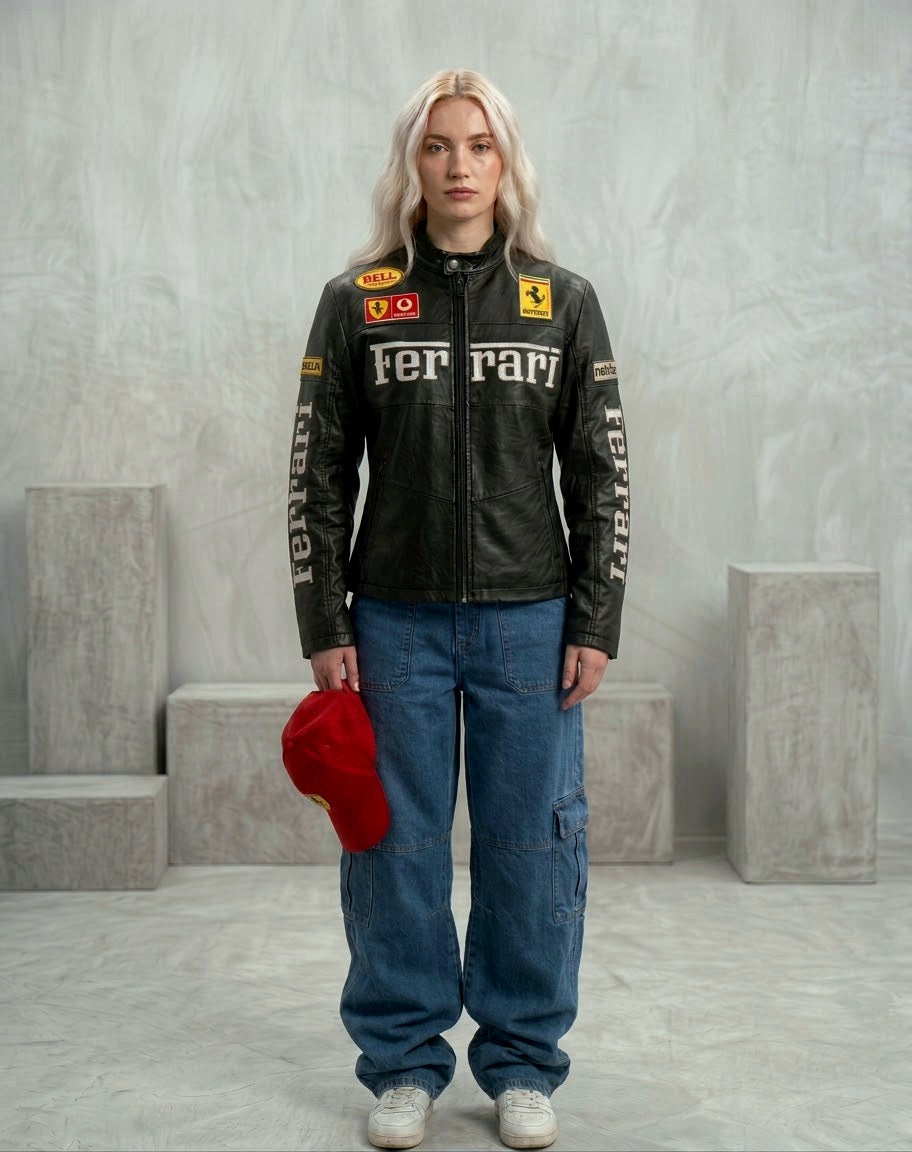 Black Ferrari Synthetic Leather Jacket – Classic Racing Streetwear
