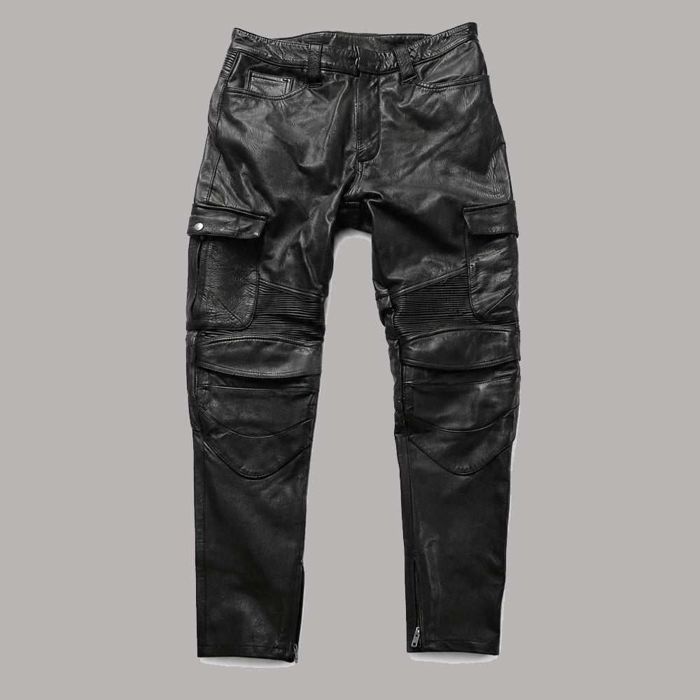 Handmade Men’s Black Lambskin Leather Cargo Pants | Multi-Pocket Biker Jeans