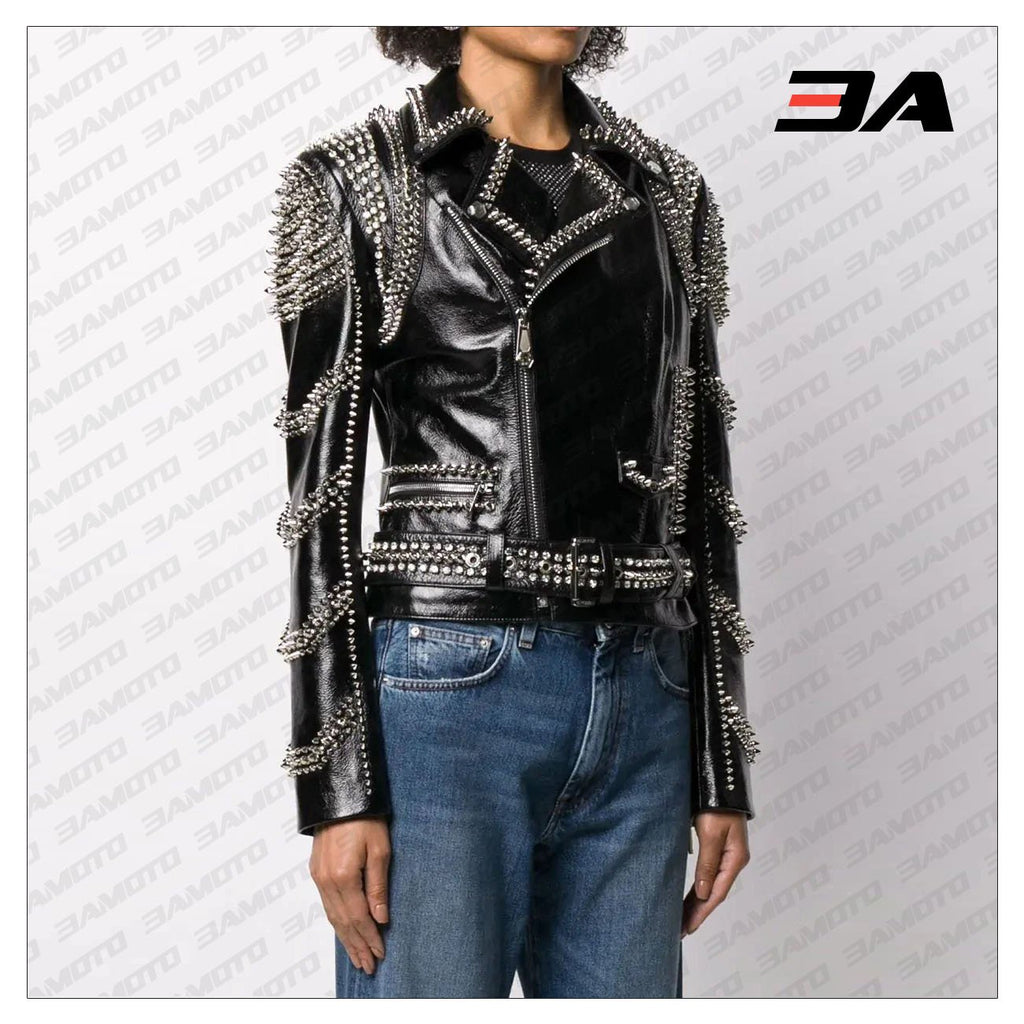 Black Lambskin Perfecto Spike-Stud Biker Jacket