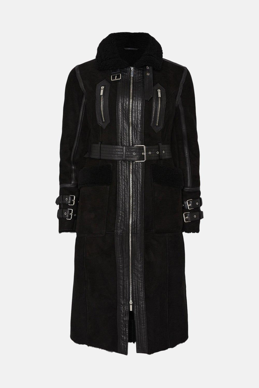 Women's Black Suede Leather Shearling Coat with Luxurious Design