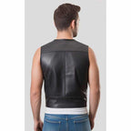 Men’s Black Leather Biker Vest Sleeveless Jacket