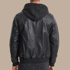 Mens Black Leather Hooded Bomber Jacket