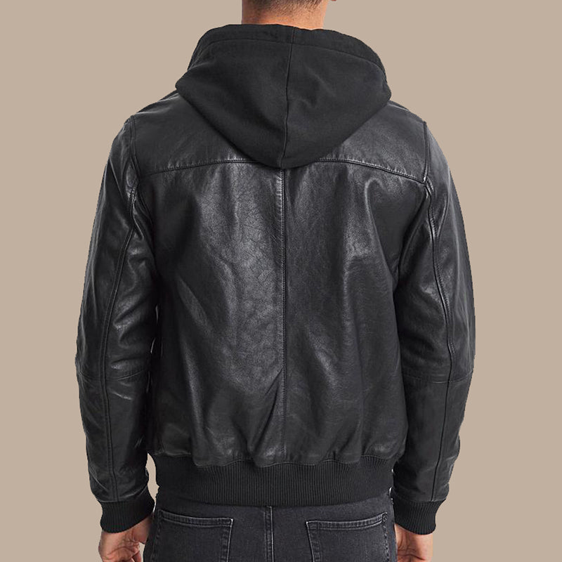 Mens Black Leather Hooded Bomber Jacket