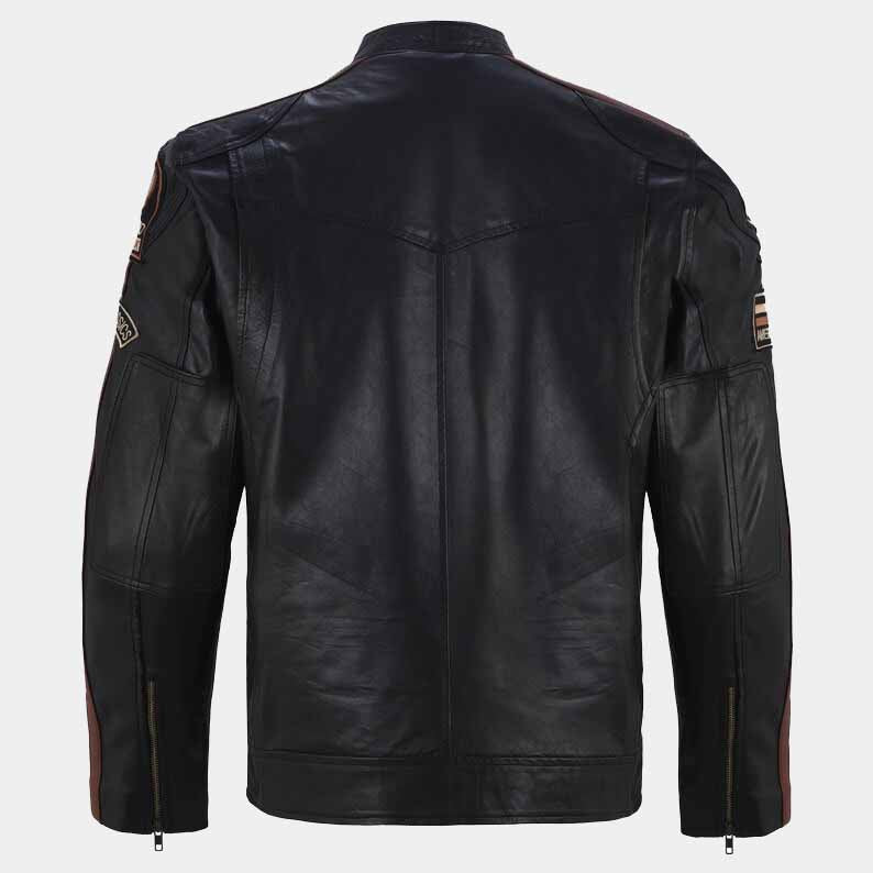 American Classic Motors Men's Black Sheepskin Leather Racing Jacket with Embroidered Patches