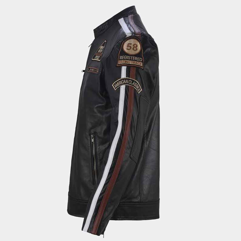American Classic Motors Men's Black Sheepskin Leather Racing Jacket with Embroidered Patches