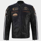 American Classic Motors Men's Black Sheepskin Leather Racing Jacket with Embroidered Patches