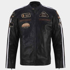 American Classic Motors Men's Black Sheepskin Leather Racing Jacket with Embroidered Patches