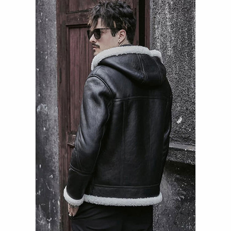 Men’s Black Sheepskin Leather White Shearling Jacket with Hood