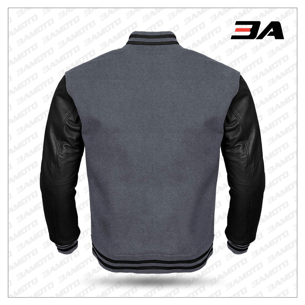 Black Leather Sleeves Gray Wool Varsity Jacket