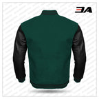 Black Leather Sleeves Green Wool Varsity Jacket