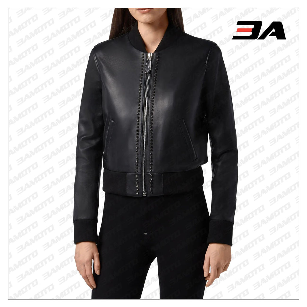 Black Leather Studded Bomber Jacket