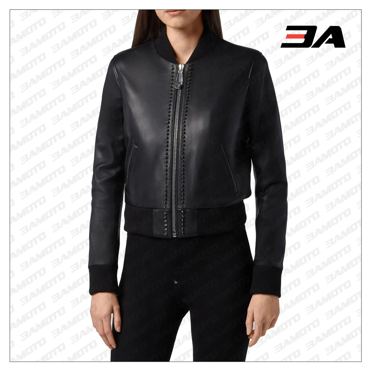 Black Leather Studded Bomber Jacket