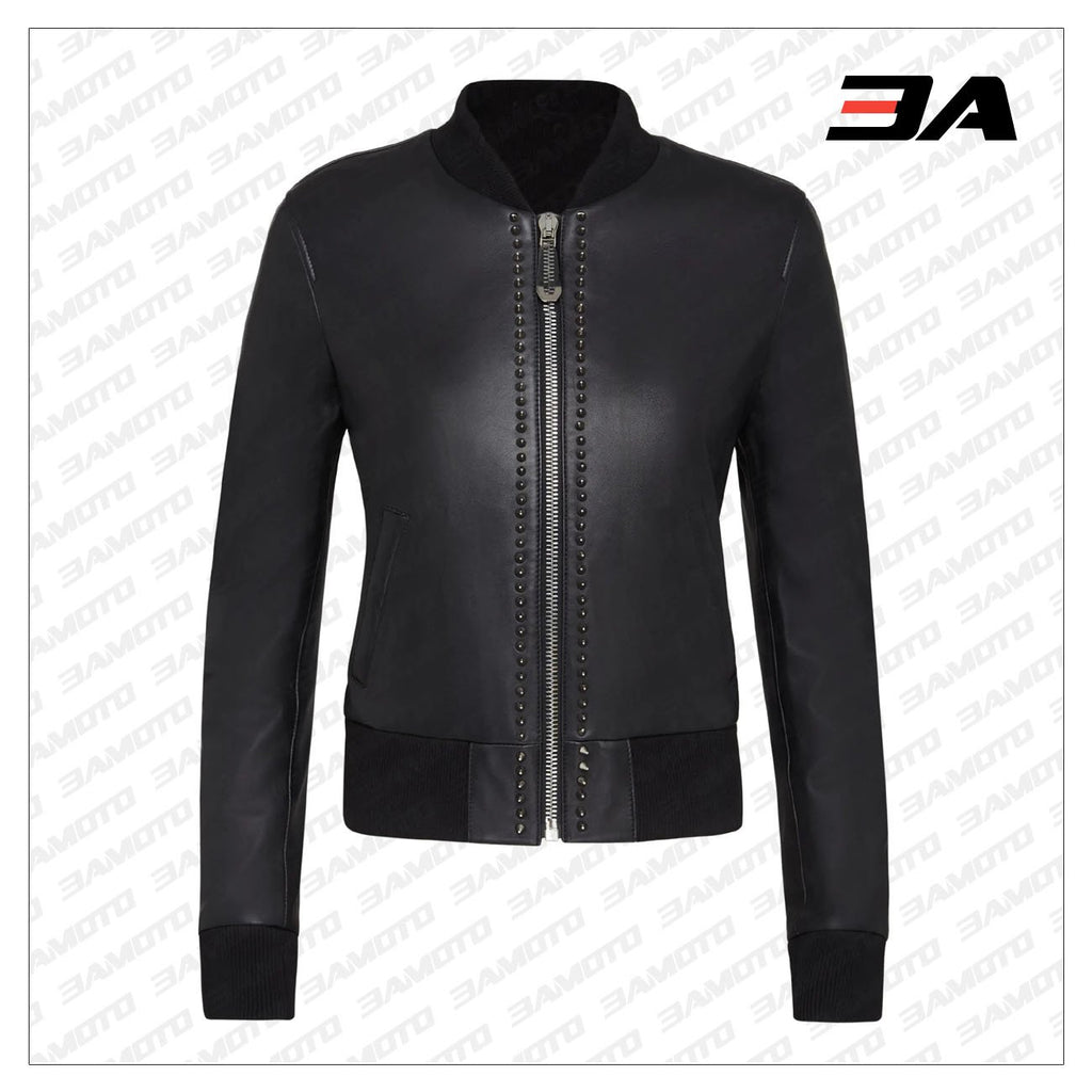 Black Leather Studded Bomber Jacket