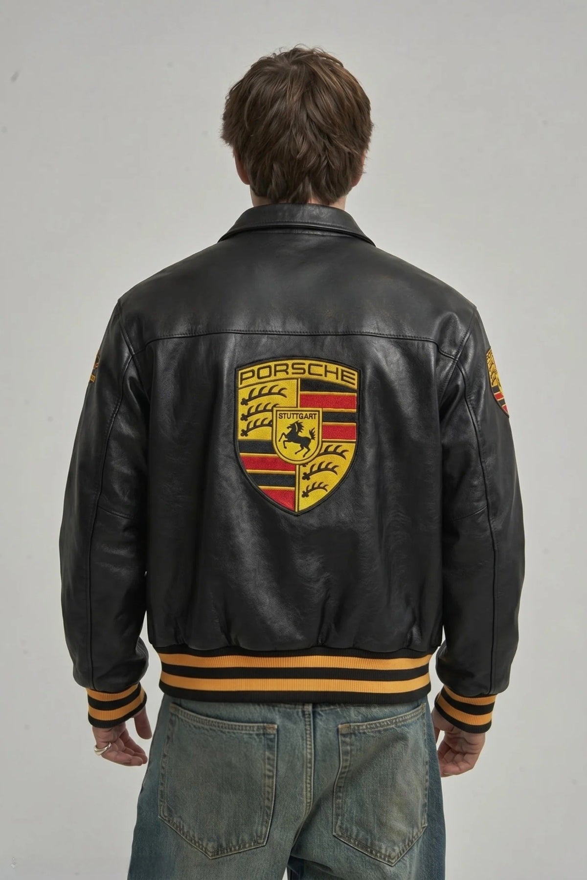 Black Porsche 993 Leather Jacket – Premium Racing Streetwear