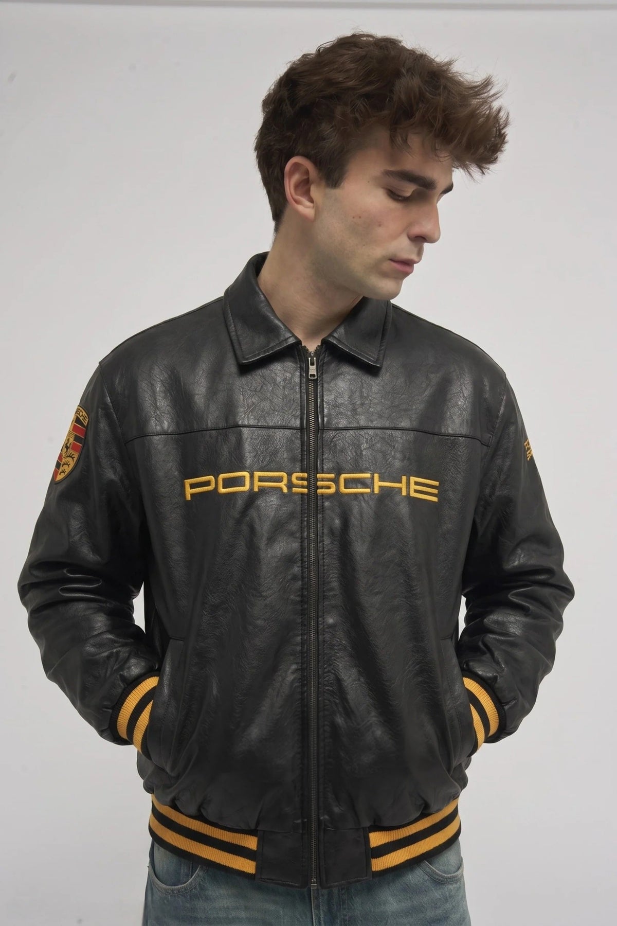 Black Porsche 993 Leather Jacket – Premium Racing Streetwear