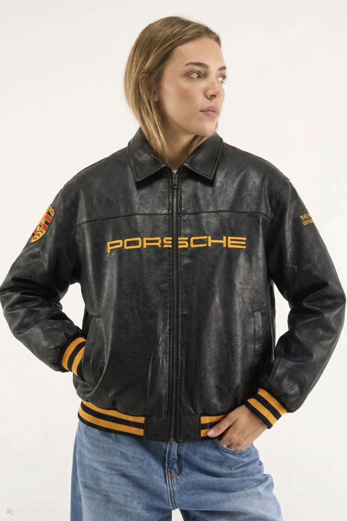 Black Porsche 993 Leather Jacket – Premium Racing Streetwear