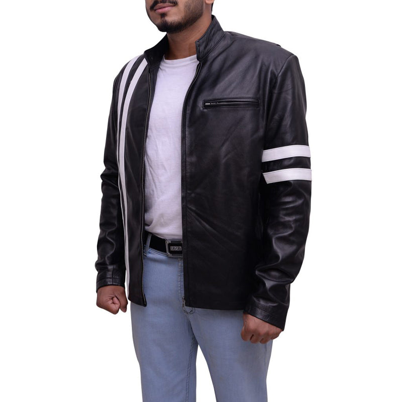 Mens Black Leather Jacket With White Stripes