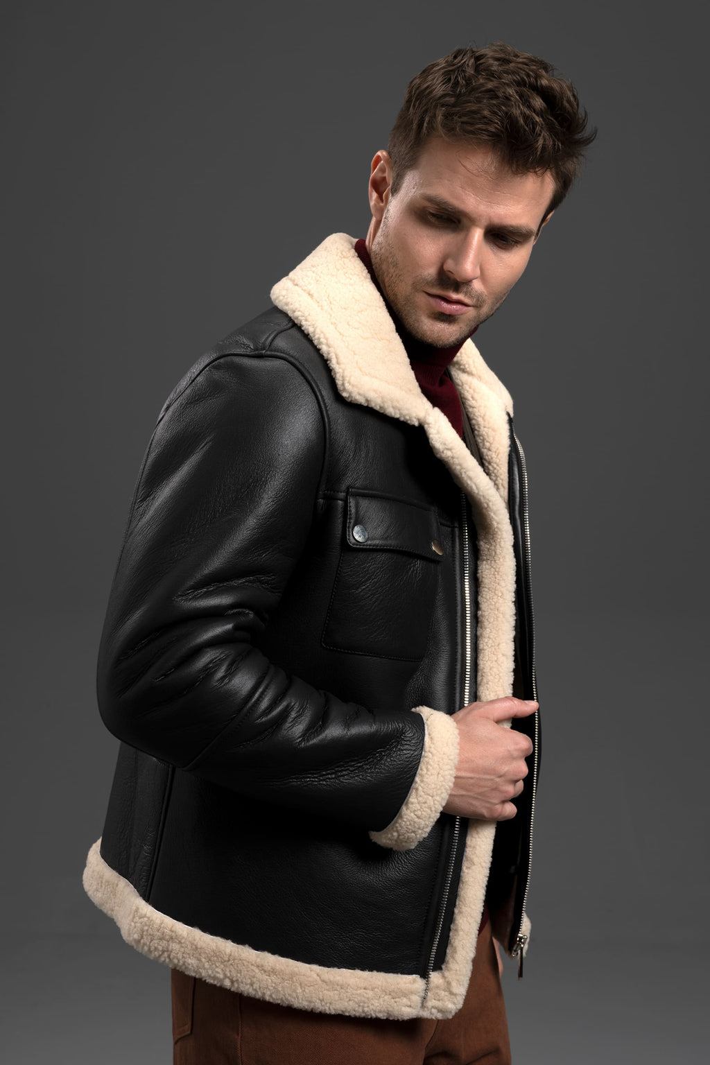 Black Real Sheepskin Shearling Trim Bomber Trucker Jacket
