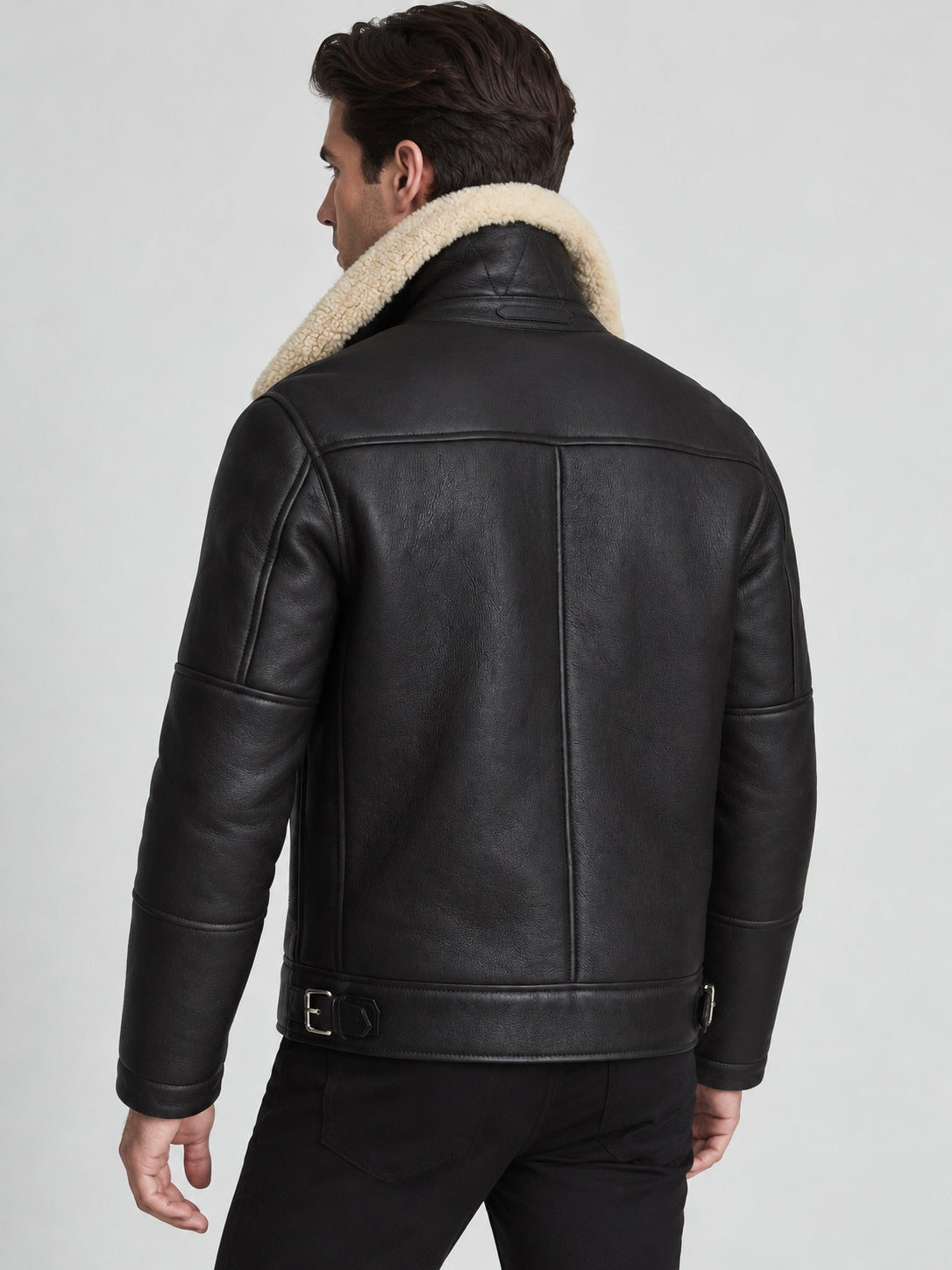 Men’s Black Sheepskin Shearling Aviator Biker Jacket