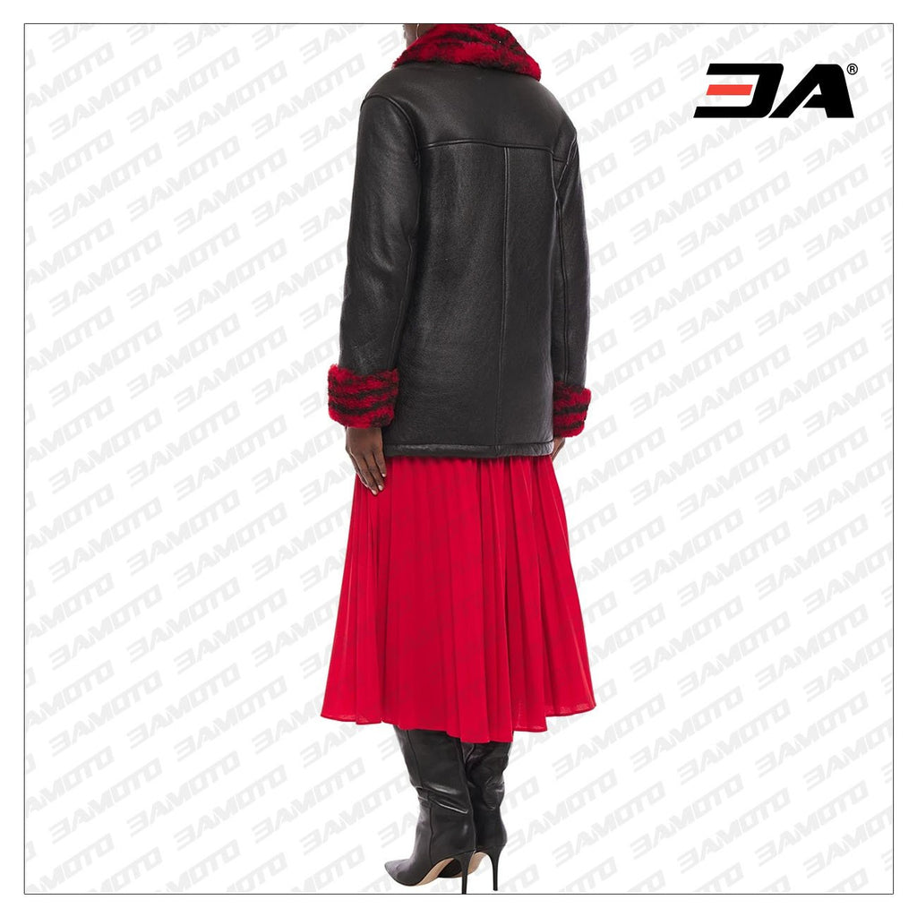 Black Shearling Trimmed Textured Leather Jacket