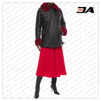Black Shearling Trimmed Textured Leather Jacket