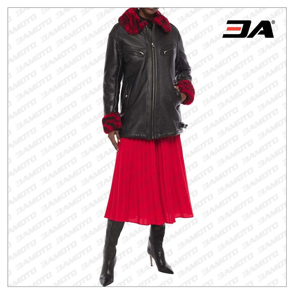 Black Shearling Trimmed Textured Leather Jacket