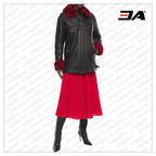 Black Shearling Trimmed Textured Leather Jacket