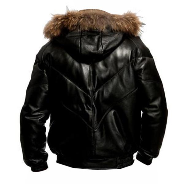 Mens Black V Bomber Hood Leather Jacket