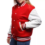 Womens Scarlet Wool Body & Bright White Leather Sleeves Letterman Jacket