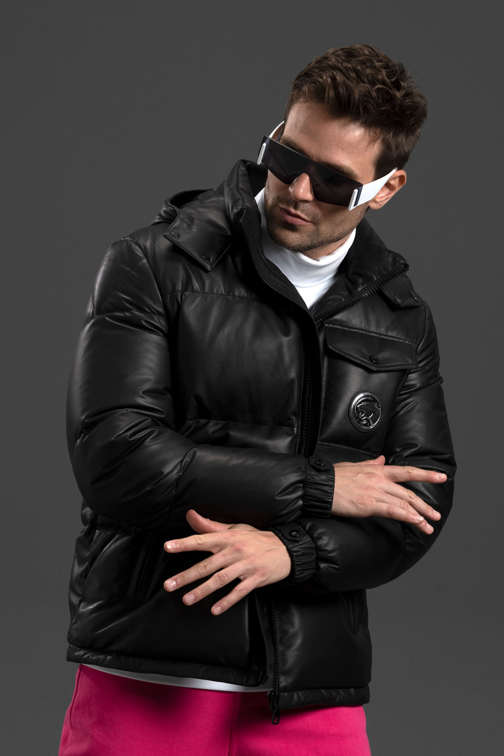 Black/White Goatskin Leather Bomber Hooded Down Jacket