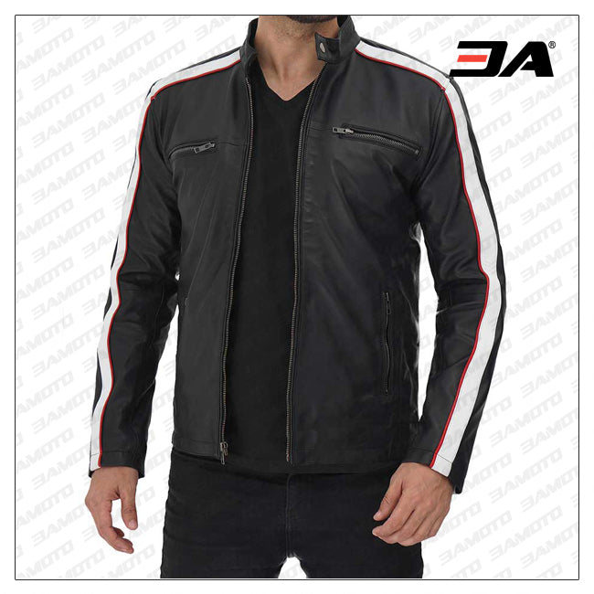 Mueller Black and White Stripe Leather Cafe Racer Jacket