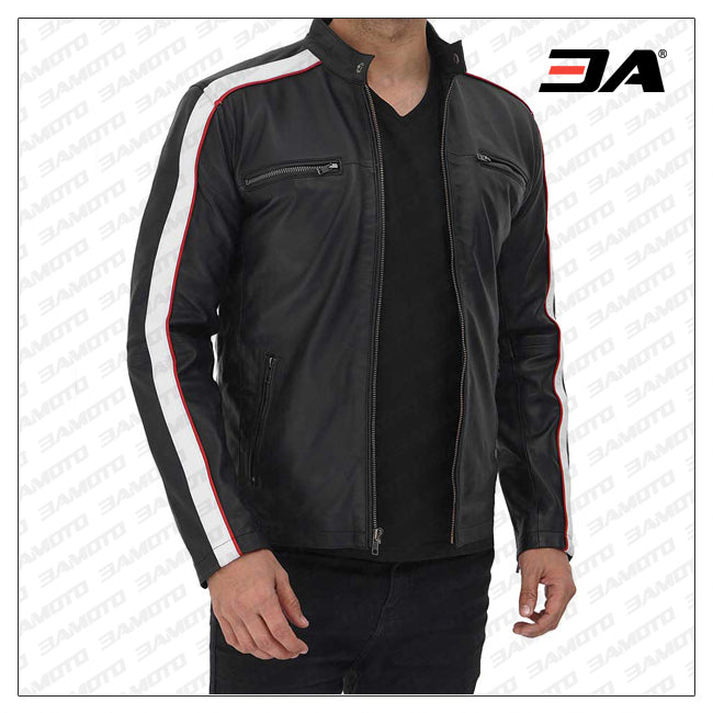 Mueller Black and White Stripe Leather Cafe Racer Jacket