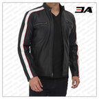 Mueller Black and White Stripe Leather Cafe Racer Jacket