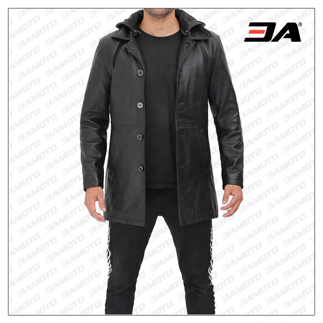 Devine Mens Black Leather Hooded Coat