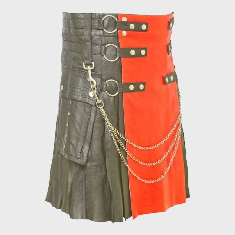 BLACK LEATHER KILT WITH RED APRON