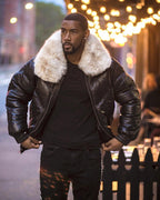 Men V Bomber Jacket - Black (Off White Fur)