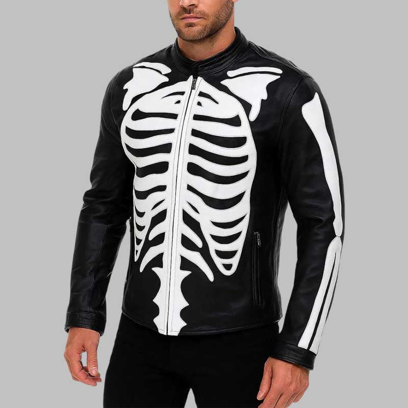 Mens Gothic Skeleton Biker Leather Jacket