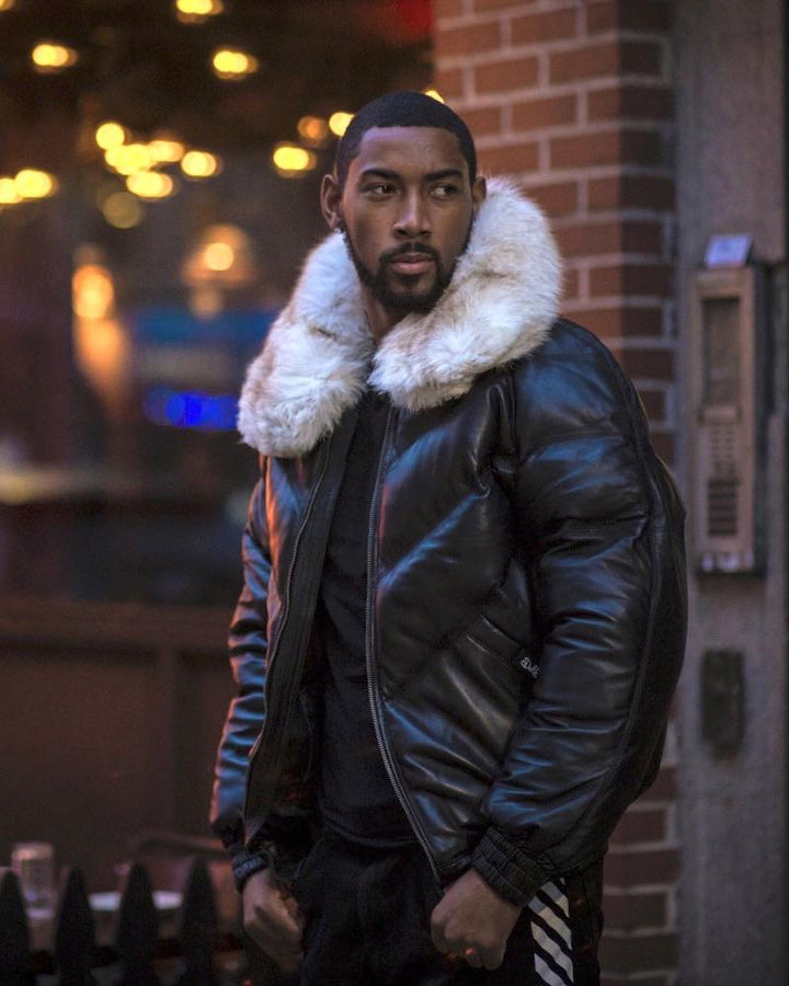 Men V Bomber Jacket - Black (Off White Fur)