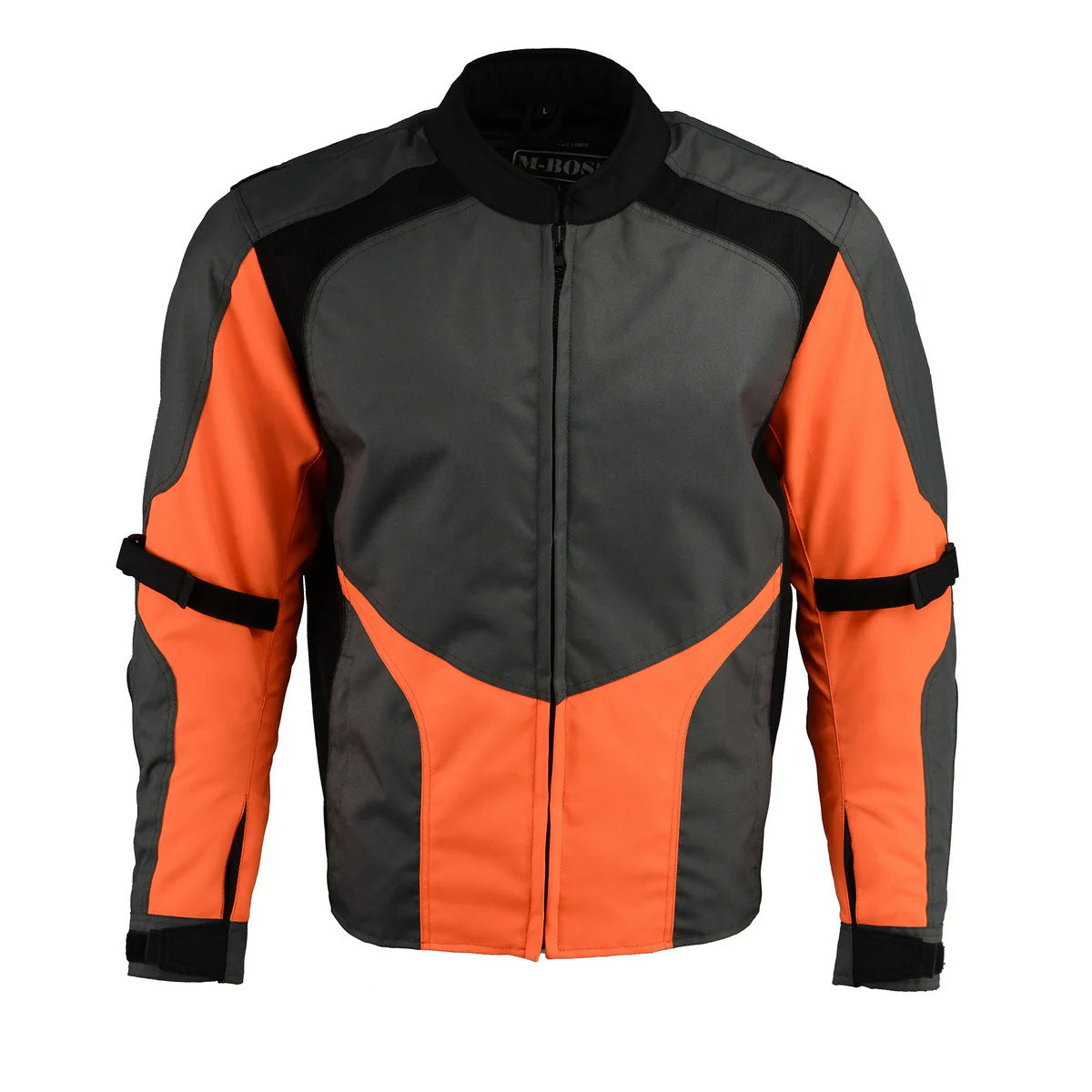 M Boss Motorcycle Apparel BOS11706 Men's Grey/Hi-Vis Orange Nylon Motorcycle Racer Jacket with Armor Protection