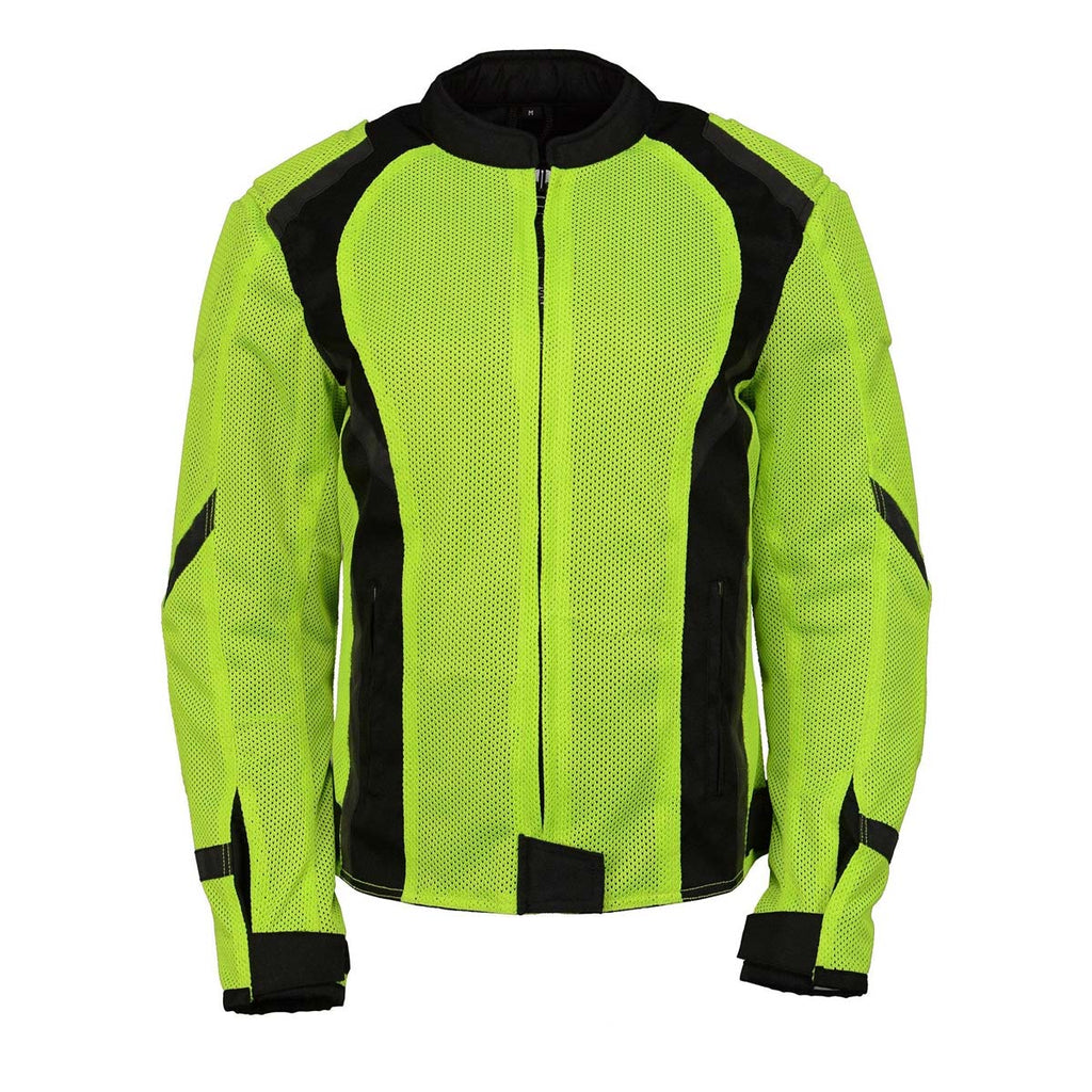 M Boss Motorcycle Apparel BOS22705 Wome'ns Hi-Vis Green Motorcycle Mesh Racer Jacket with Open Neck