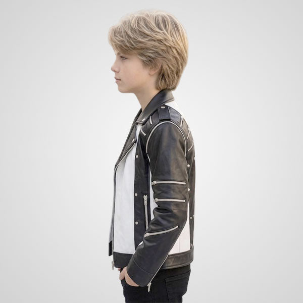 Boys Black and White Leather Biker Jacket - Retro Pop Star Style