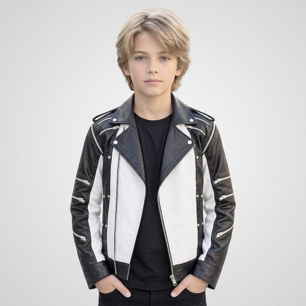 Boys Black and White Leather Biker Jacket - Retro Pop Star Style