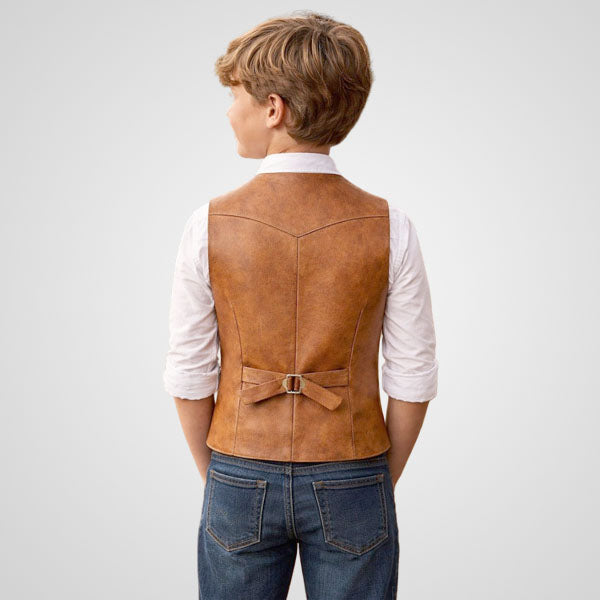 Boys Genuine Leather Vest - Rustic Western Style Kids Waistcoat