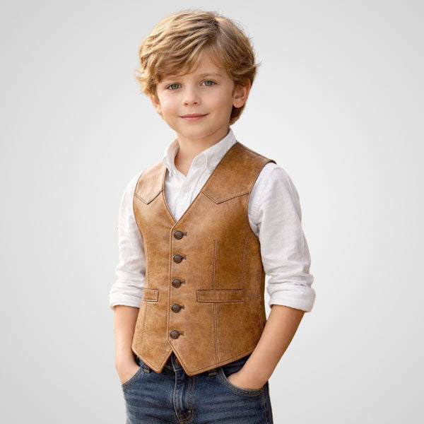 Boys Genuine Leather Vest - Rustic Western Style Kids Waistcoat