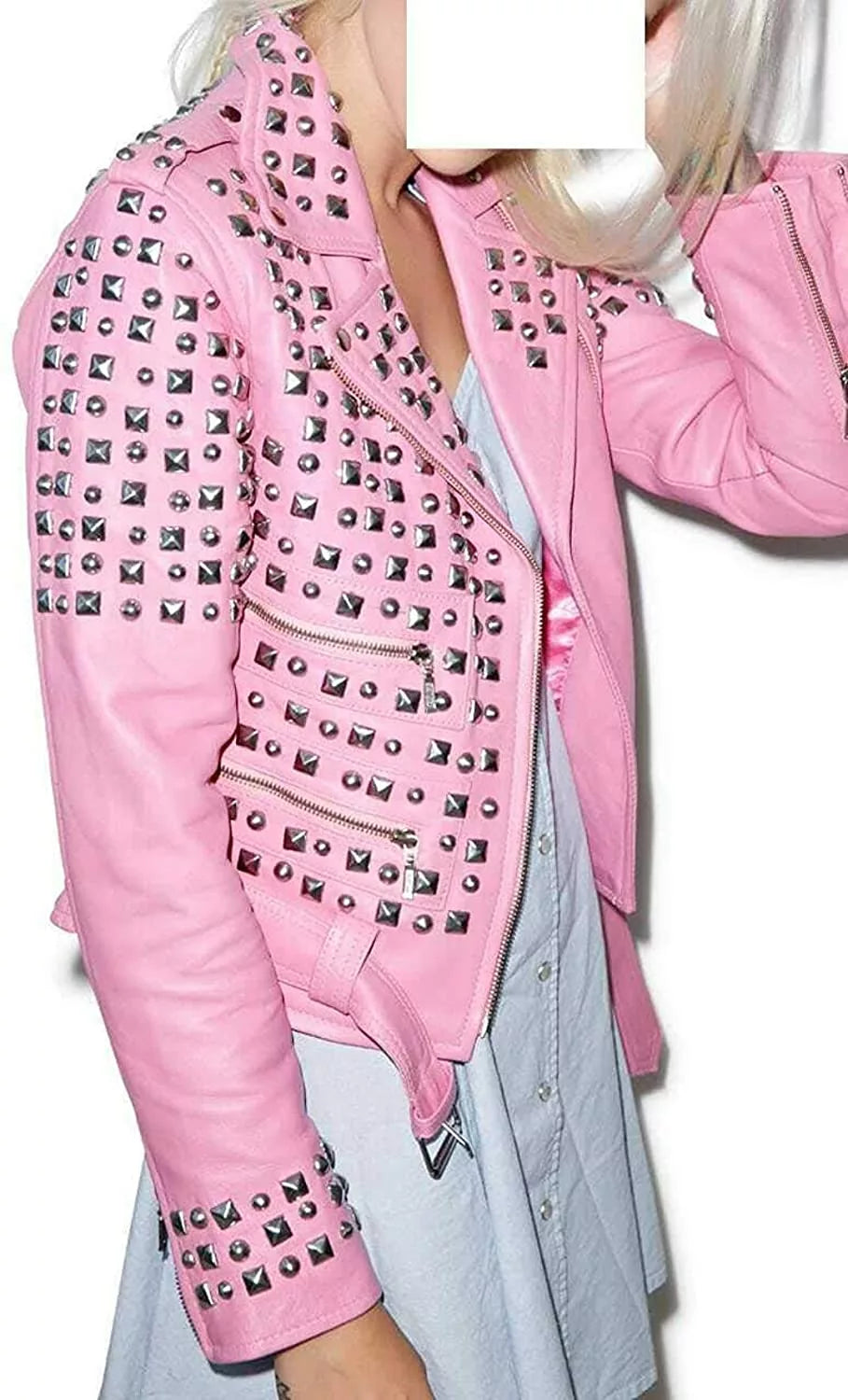 Women’s Pink Spikes Leather Jacket Brando Studded Punk Rock Motorcycle Ladies Jacket