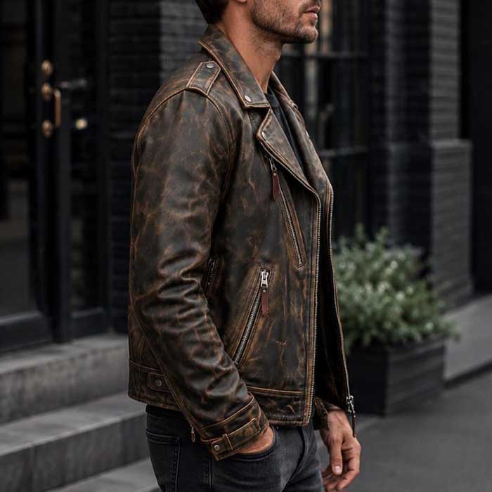 Vintage Distressed Leather Biker Jacket for Men