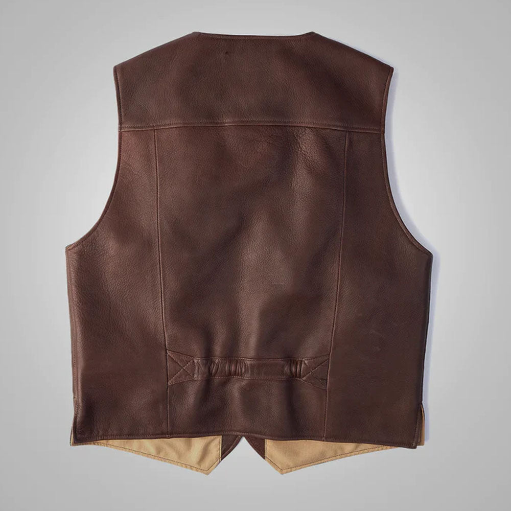 Men's Brown Multi-Pocket Buckskin Vest | Rugged Leather Tactical Utility Waistcoat