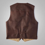 Men's Brown Multi-Pocket Buckskin Vest | Rugged Leather Tactical Utility Waistcoat